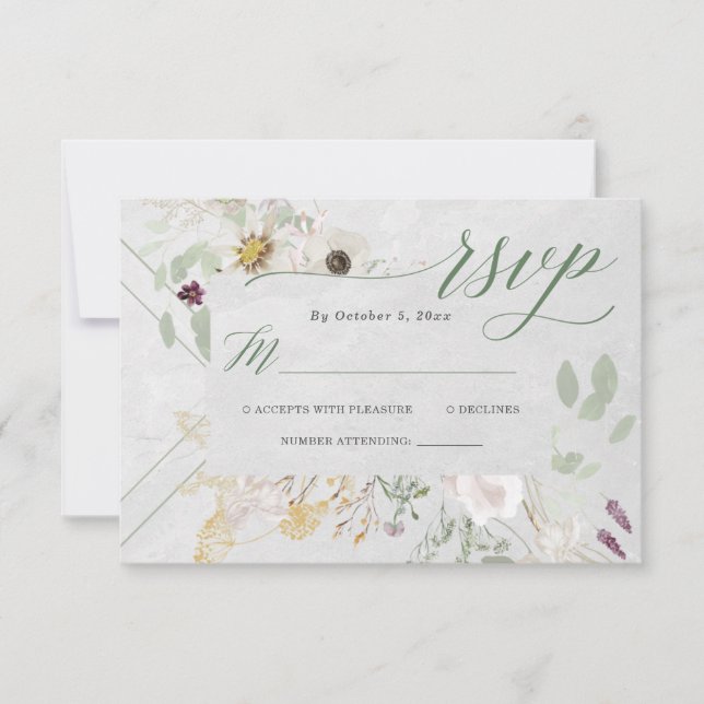 Misty Wildflowers | Soft Grey Geometric Wedding RS RSVP Card (Front)