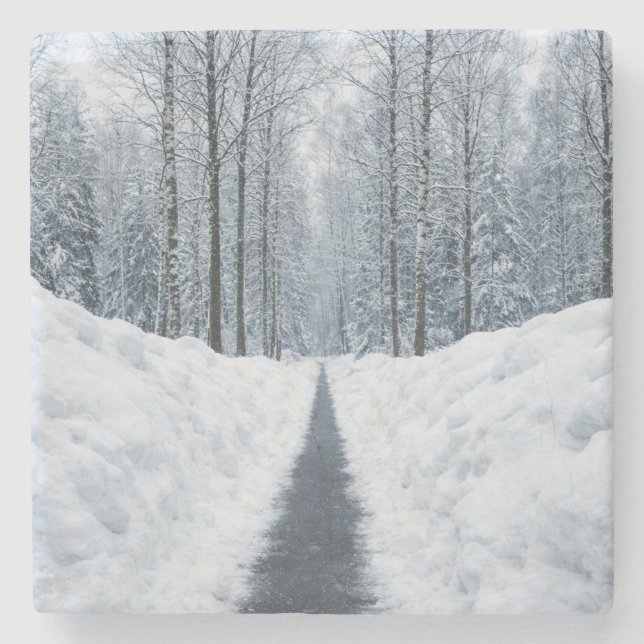 Misty Winter Forest Path Winter Landscape Stone Coaster (Front)