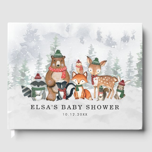 Misty Winter Forest Woodland Animals Baby Shower Guest Book (Front)