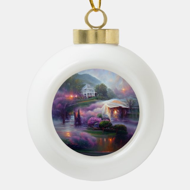 Misty Wisteria House on the Hill  Ceramic Ball Christmas Ornament (Front)