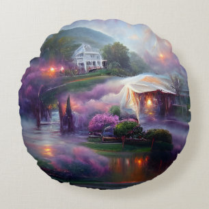 Misty Wisteria House on the Hill Round Cushion