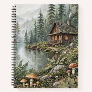 Misty Woodland Cabin Lake Cottage Art Notebook