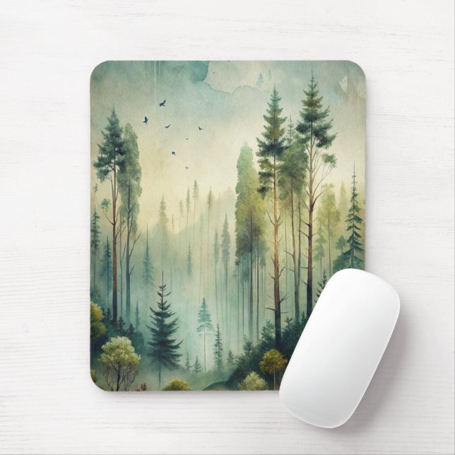 Misty Woodland Evergreen Forest Mouse Mat (With Mouse)