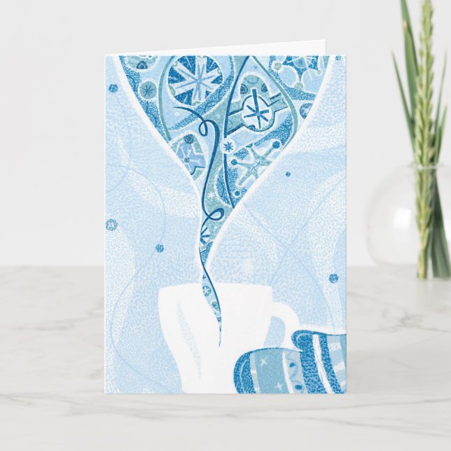 Mitten holding Mug in Winter Blue Snow Pattern Holiday Card (Front)