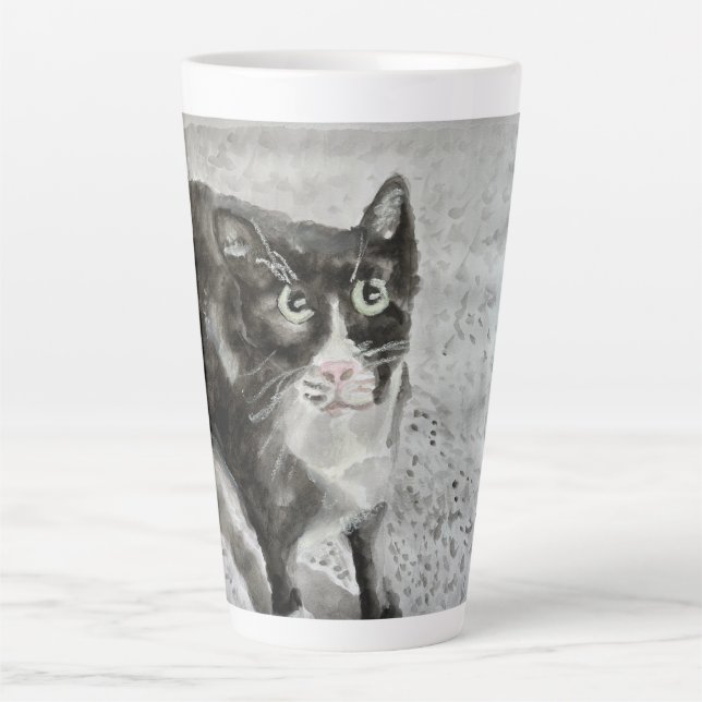 Mittens black and white cat on latte mug (Front)