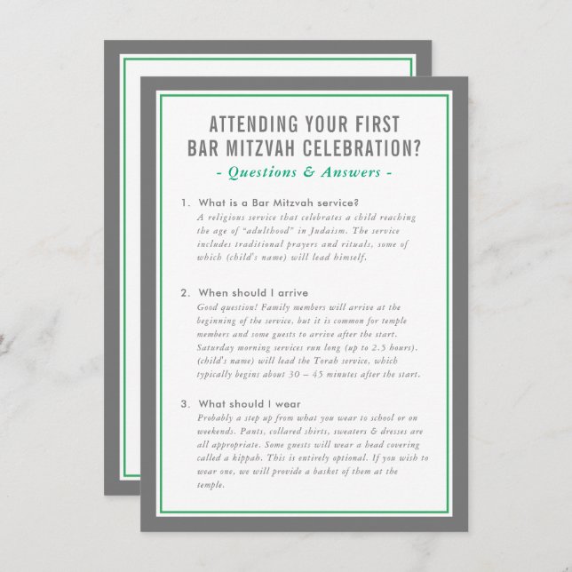 MITZVAH service information questions advice green Invitation (Front/Back)