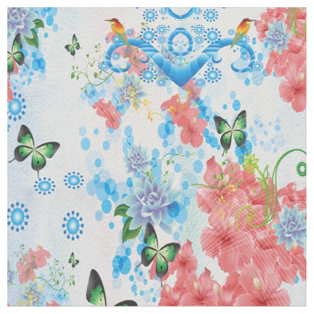 Mix Blue abstract with salmon colour flowers Fabric (Close Up)