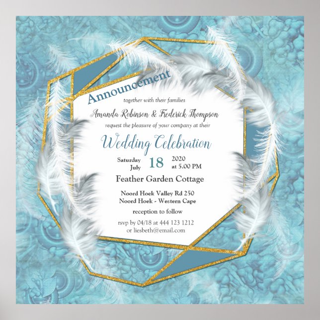 Mix Blue Pattern, Feathers &  Gold frame Poster (Front)