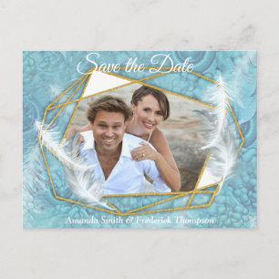 Mix Blue Pattern, Feathers & White Lace Announcement Postcard