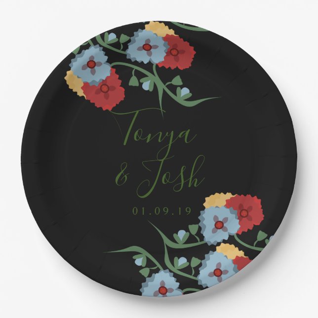 Mix Flowers Mexican Folk Botanical Pretty Floral Paper Plate (Front)