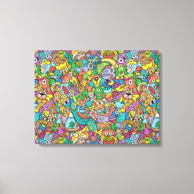 Mix of funny doodles in a playful carnival pattern canvas print (Front)