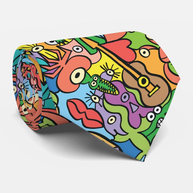 Mix of funny doodles in a playful carnival pattern tie (Rolled)