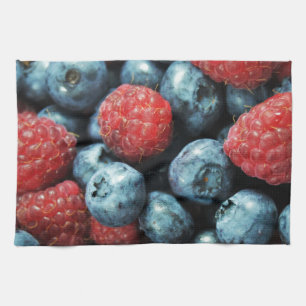 Mixed berries (blueberries and raspberries) design tea towel