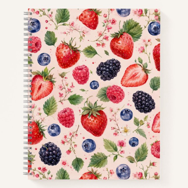 Mixed Berry Watercolor Fruit Pattern Notebook (Front)