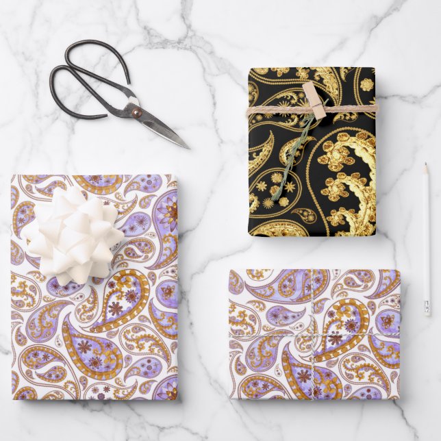 Mixed Black, Gold and Purple Classic Paisley  Wrapping Paper Sheet (Front)