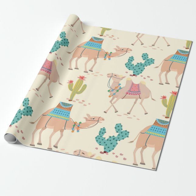 Mixed cactus and camel pattern wrapping paper (Unrolled)