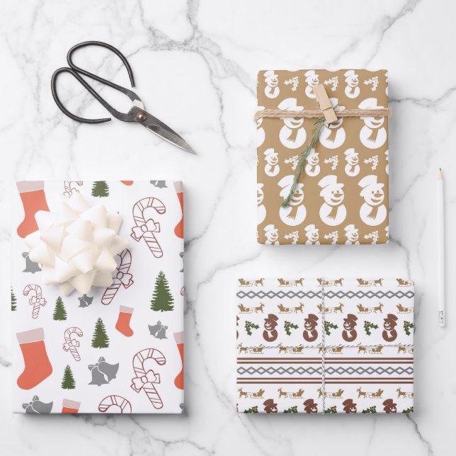 Mixed Christmas Pattern Motifs Set Wrapping Paper Sheet (Front)