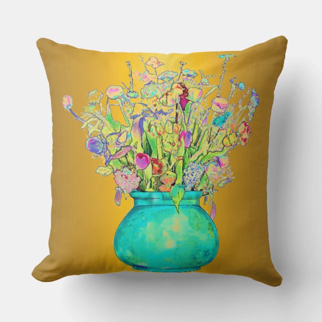 Mixed Colorful Bouquet Flowers Blue Green Vase  Cushion (Front)