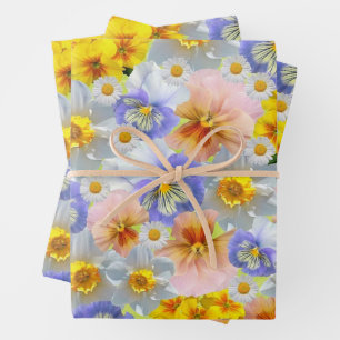 Mixed Colour Pansy Flowers and Daffodils Wrapping Paper Sheet