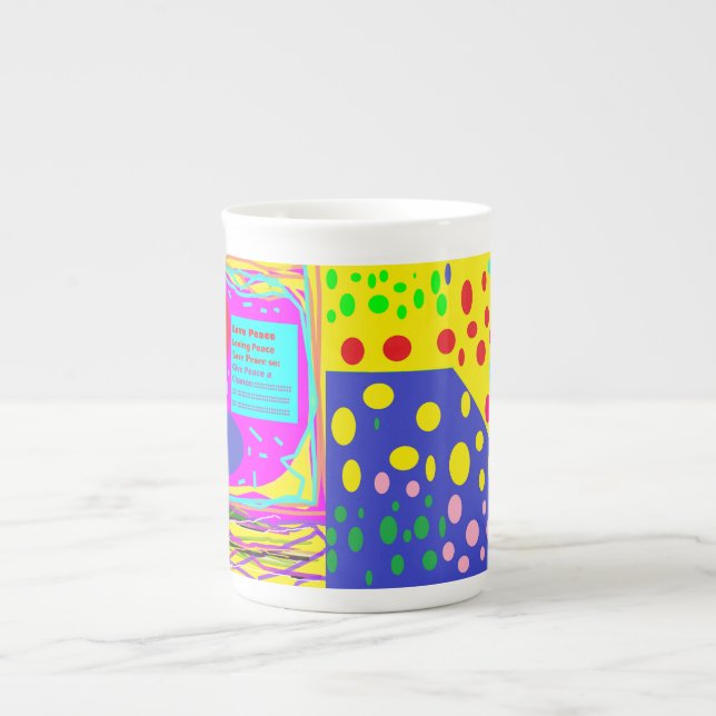 Mixed design peace logo and bright dotty colours bone china mug (Front)