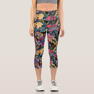 Mixed Fall Floral Leaves Berry Watercolor Pattern Capri Leggings