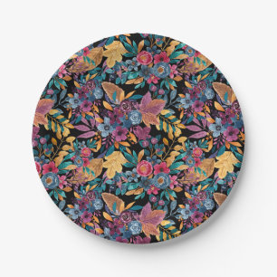 Mixed Fall Floral Leaves Berry Watercolor Pattern Paper Plate