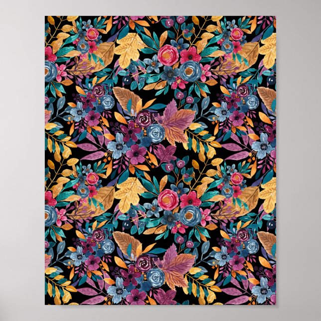 Mixed Fall Floral Leaves Berry Watercolor Pattern Poster (Front)