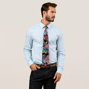 Mixed Fall Floral Leaves Berry Watercolor Pattern Tie