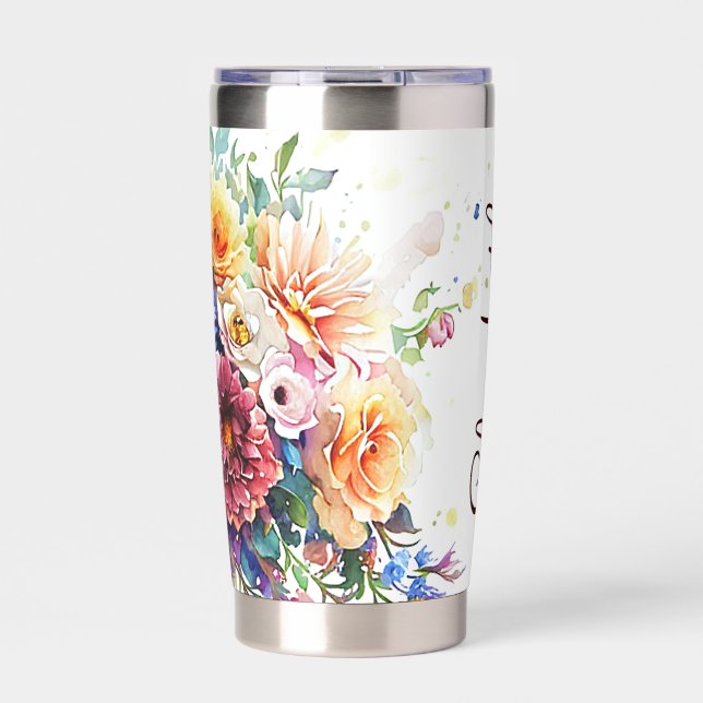 Mixed floral bouquet personalised insulated tumbler (Front)