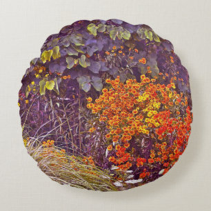 MIXED FLORAL/PLANTS, GRASSES AND ORANGE&YELLOW FLO ROUND CUSHION