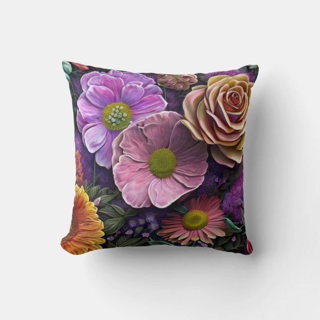 Mixed Flowers, Colourful, Retro Modern Springtime Cushion (Front)
