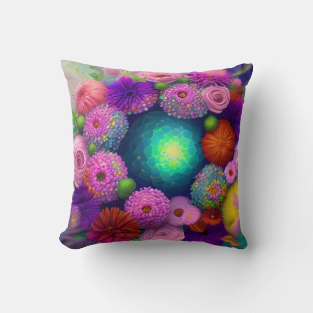 Mixed Flowers, Colourful, Retro Modern Springtime Cushion (Front)