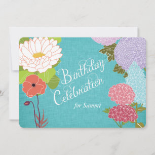 Mixed Flowers on Blue Linen Birthday Invite