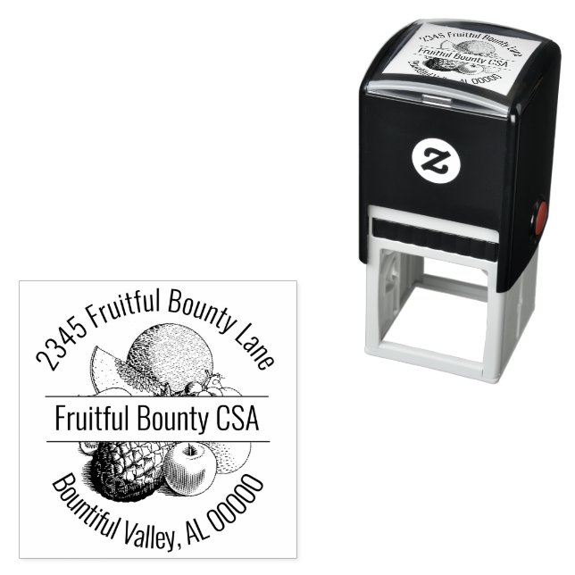 Mixed Fruit Artwork Circular Custom Address Name Self-inking Stamp (In Situ)