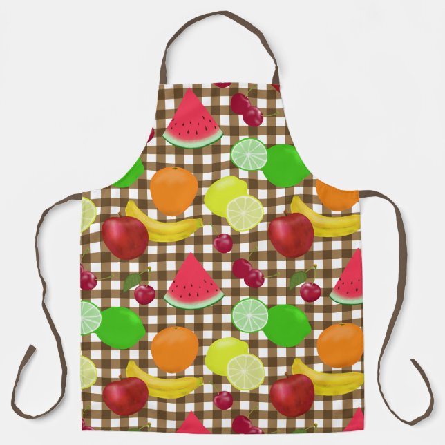 Mixed Fruit Brown and White Gingham Check Apron (Front)