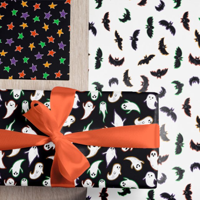 Mixed Halloween Patterns Ghost Bats Stars Wrapping Paper Sheet (Creator Uploaded)