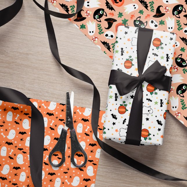 Mixed Halloween Patterns Ghost Pumpkins Bats Wrapping Paper Sheet (Creator Uploaded)