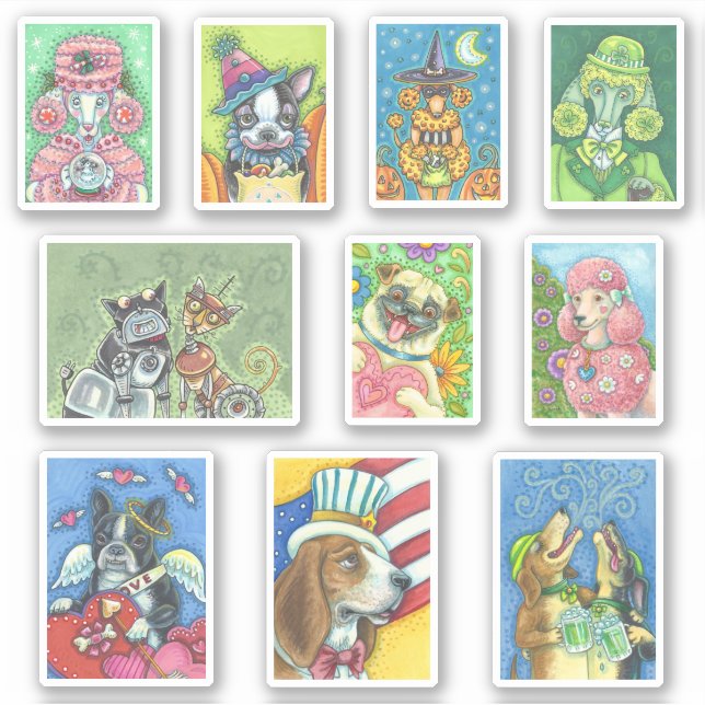 MIXED HOLIDAY DOGS ROBOT BOSTON POODLE HOUND PUG (Front)