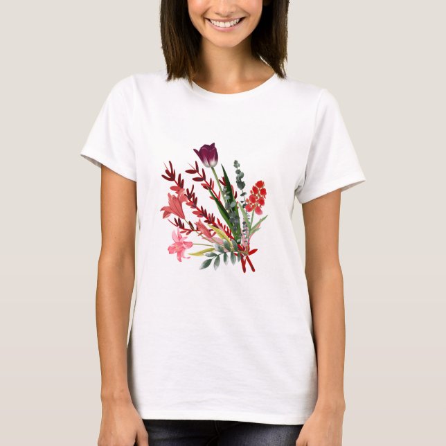  Mixed Leaves & Floral Harmony Print T-Shirt (Front)