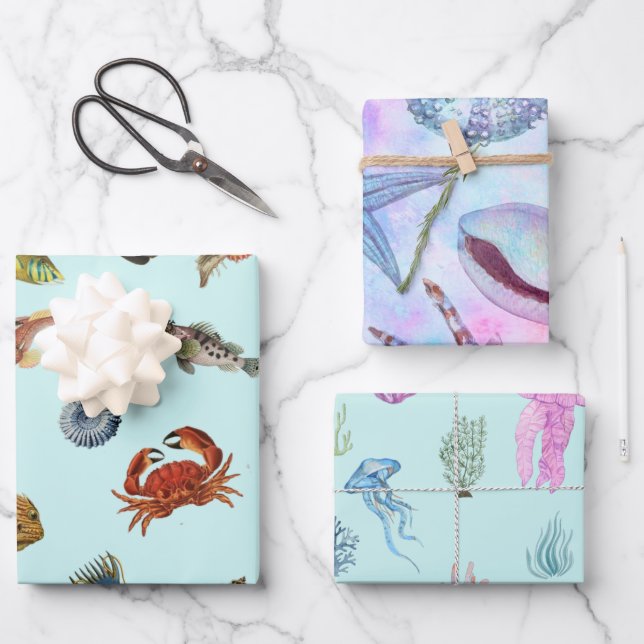 Mixed Marine Life Fish, Shells, Crab, Jellyfish Wrapping Paper Sheet (Front)