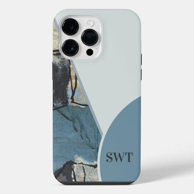 Mixed Media Abstract Grey Blue Initial Monogram iPhone Case (Back)