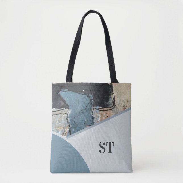 Mixed Media Abstract Grey Blue Initial Monogram Tote Bag (Front)