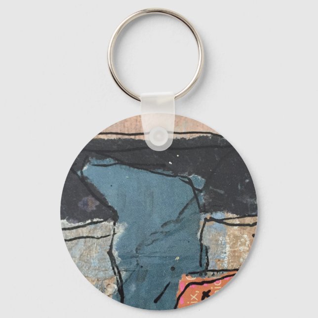 Mixed Media Abstract Grey Grey Blue QR Code Key Ring (Front)