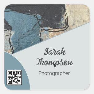 Mixed Media Abstract Grey Grey Blue QR Code Square Sticker