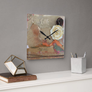 Mixed Media Art Quote Flowers  Square Wall Clock