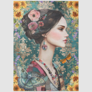Mixed Media Beautiful Woman Face Art Collage Tissue Paper