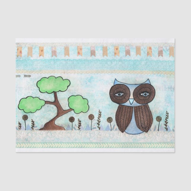 Mixed Media Blue Owl Art Print Tissue Paper (Front)