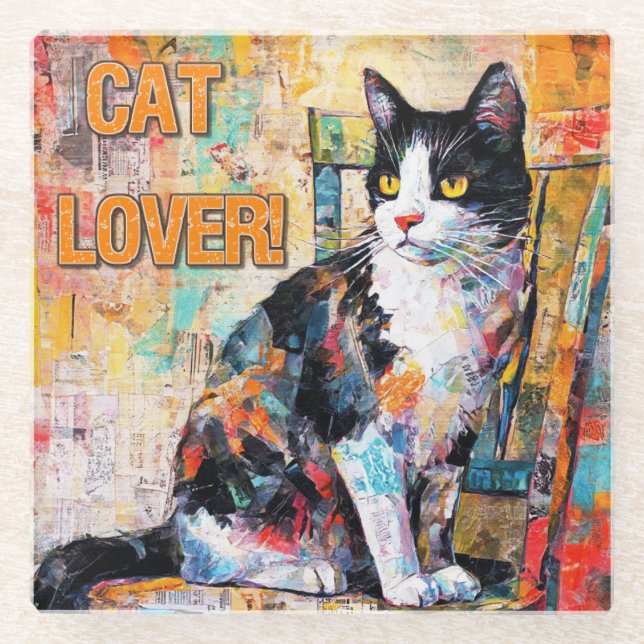Mixed Media Cat Lover Glass Coaster (Front)