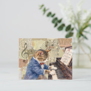 Mixed Media Cat Playing the Piano Greeting Card
