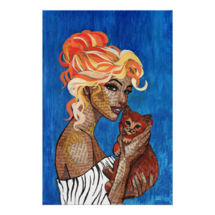 Mixed Media Collage Cat Mum Art Poster - Artsy New